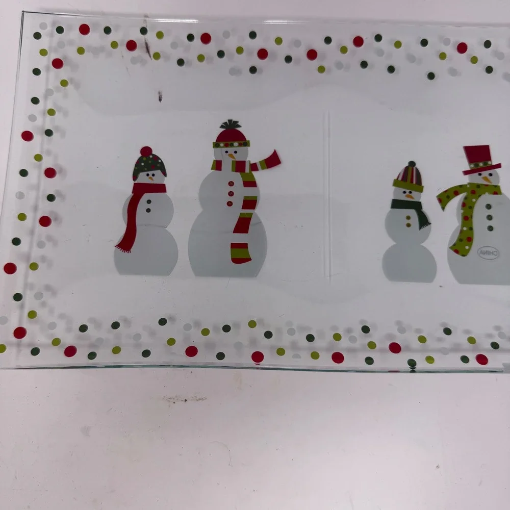 The Pampered Chef Snowmen‎ Dots Divided Platter Serving Tray  Christmas Glass